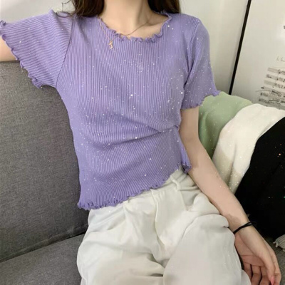 夏季2021年新款木耳边短袖针织衫灰色女修身短款上衣高腰衬衫女卡诺蔻