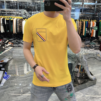 夏季新款短袖T恤男修身假口袋小狗压花高货欧货丝光棉圆领体恤男