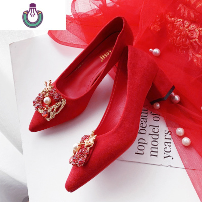 FISHBASKET中式秀禾婚鞋女2020新款红色高跟粗跟结婚鞋低跟孕妇秀禾服新娘鞋休闲鞋
