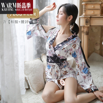 情趣内衣低胸复古印花和服镂空衣袖性感束腰惑SHANCHAO