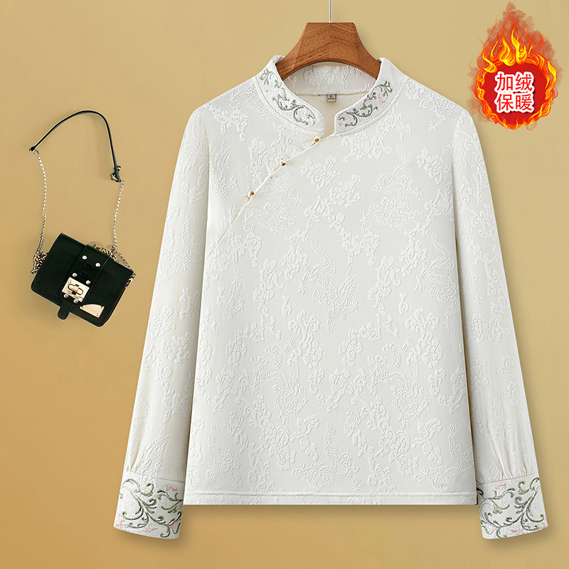新中式打底衫女秋冬季加绒保暖T恤国风盘扣长袖立领提花刺绣上衣