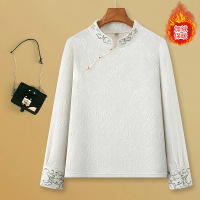 新中式打底衫女秋冬季加绒保暖T恤国风盘扣长袖立领提花刺绣上衣