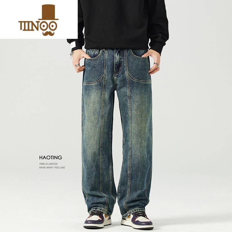 YANXU 美式复古工装直筒牛仔裤男士2023秋季立体剪裁休闲阔腿长裤