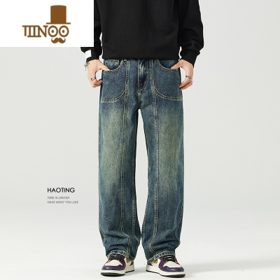 YANXU 美式复古工装直筒牛仔裤男士2023秋季立体剪裁休闲阔腿长裤