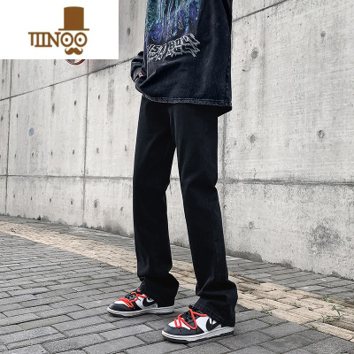 YANXU微喇牛仔长裤男修身直筒款美式拖地裤欧美高街vibe黑色裤子男