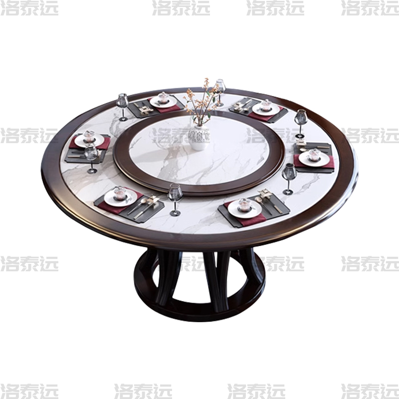 洛泰远 岩板餐桌实木圆形餐桌椅组合2米圆桌14把餐椅