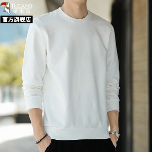 啄木鸟2025新款春秋季白色圆领厚棉T男长袖上衣服无帽套头宽松外套