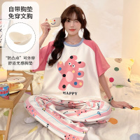 夏季女士仿棉睡衣带胸垫短袖长裤俩件套卡通可爱休闲风家居服套装