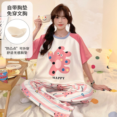 夏季女士仿棉睡衣带胸垫短袖长裤俩件套卡通可爱休闲风家居服套装