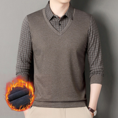 冬季加绒加厚男式假两件毛衫衬衫领中年长袖纯色加绒保暖休闲毛衣_669