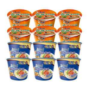康师傅 经典香辣牛肉面104g/桶+鲜虾鱼板面102g/桶 混合口味12桶 整箱装