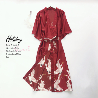 Ideamini日式睡袍女薄款夏冰丝长款性感睡衣仙鹤结婚婚礼睡袍伴娘新娘晨袍