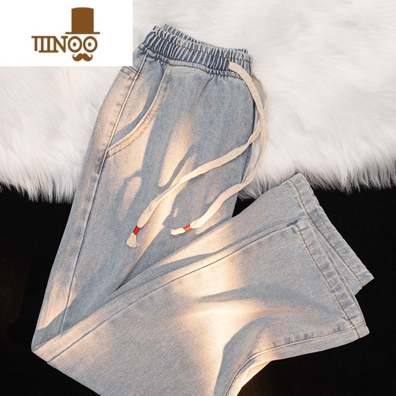 YANXU直筒牛仔裤男九分松紧腰青少年学生百搭潮流ins潮牌港风宽松裤子