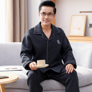 秋冬男长袖加厚棉质开衫夹层空气棉中老年爸爸睡衣家居服套装大码