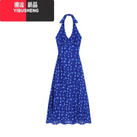 YIBUSHENG法式蓝色碎花挂脖吊带连衣裙女季绝美收腰包臀裙子气质露背长裙