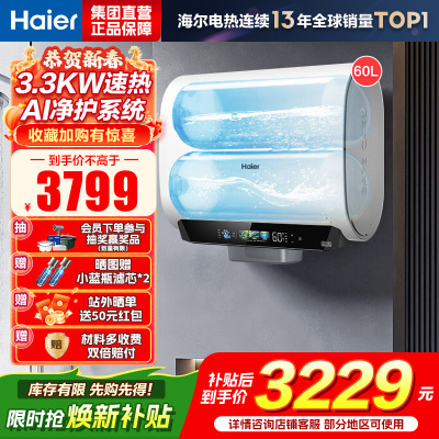 海尔(Haier)麦浪套系电热水器 国家补贴15%双胆扁桶60升BK5PLUS富锶小蓝瓶无镁棒3300W速热一级能效