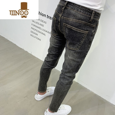 YANXU潮牌水洗灰色裤子男修身九分牛仔裤春季新款百搭韩版紧身小脚长裤