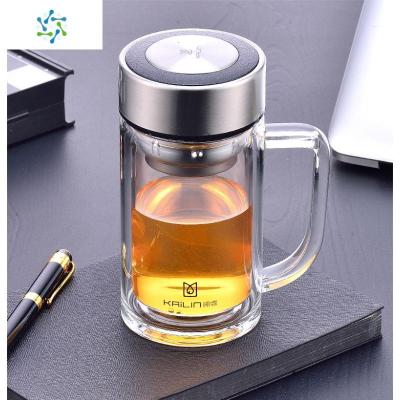 清澈双层办公玻璃杯加厚耐热商务泡茶杯便携水晶水杯随行三维工匠