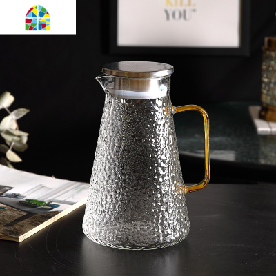 北欧风冷水壶家用玻璃凉白开水壶凉水杯套装创意耐热高温水壶客厅 FENGHOU 1壶方柄+6锤纹矮杯+墨绿大号托盘配6勺子