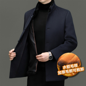 花花公子高端水貂领拆卸毛内胆尼克服男士双面羊毛呢外套商务休闲中年男装