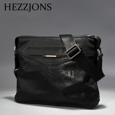 赫泽琼斯HEZZJONS正品真皮男士斜挎包进口意大利牛皮单肩包青年时尚休闲潮流背包男神简约英伦邮差包黑色进口意大利牛皮