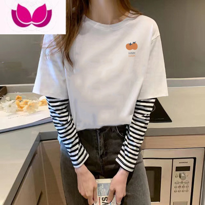 七斓设计感条纹拼接假长袖t恤女ins潮早秋季打底衫宽松内搭上衣服