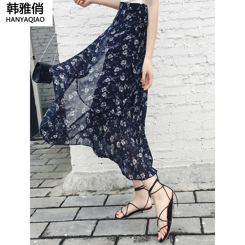 韩雅俏(HANYAQIAO)2018新品系带可拆开一片式中长款半身裙夏季雪纺高腰裹身裙长裙