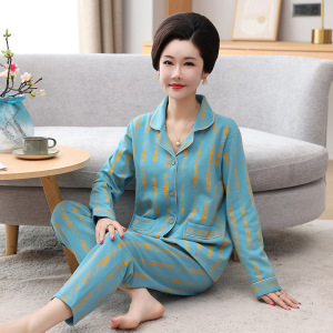 睡衣女士秋冬季新款棉质长袖长裤开衫翻领可外穿中老年妈妈家居服