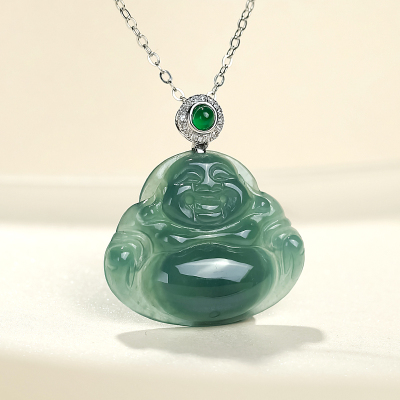 印象眸18k金镶翡翠钻石吊坠金镶大肚弥勒佛女款玉石挂件附送证书佛公