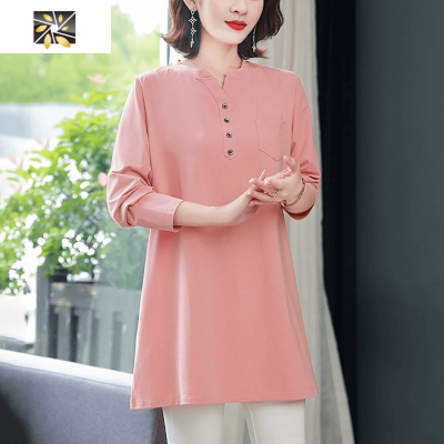 暖青汇洋气中年长袖T恤女宽松棉大码40岁妈妈小衫中长款打底有领上衣大码女装