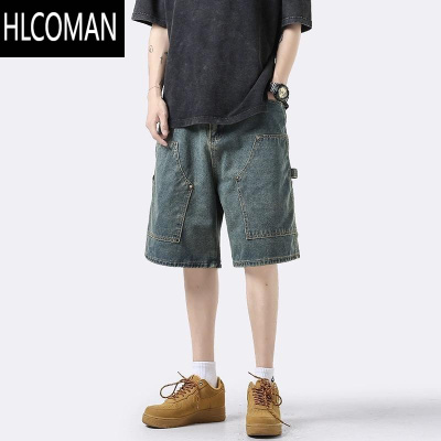 HLCOMAN做旧复古牛仔短裤男夏季潮牌街头宽松裤子百搭休闲简约工装五分裤
