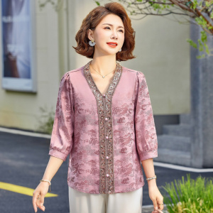 国风妈妈装短款小衫时尚夏装薄款中老年女装休闲上衣中袖婆婆装女