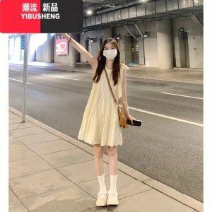 YIBUSHENG多巴胺穿搭法式无袖挂脖连衣裙女装季海边度假a字裙短裙子吊带