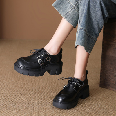 头层牛皮乐福鞋女2026春季新款英伦风圆头系带厚底百搭休闲单鞋