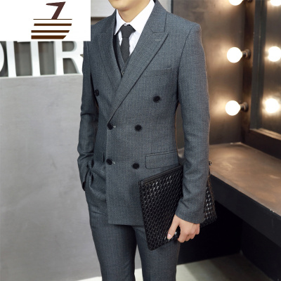 NEWLAKE韩版西装男双排扣修身型职业商务工作正装条纹英伦复古西服男套装