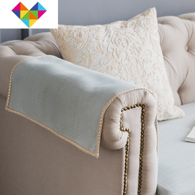 现代风格美式沙发垫北欧简约棉麻布艺纯色防滑定做沙发巾扶手盖布水蓝款扶手巾定制尺寸联系客服报价御蓝锦