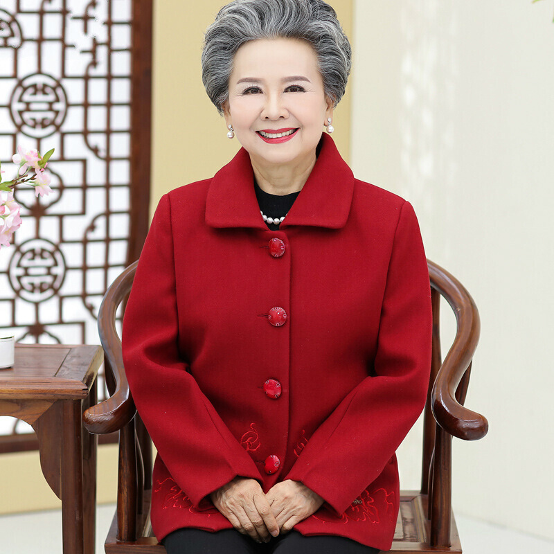 迪鲁奥(DILUAO)轻奢品质中老年人春秋喜庆外套女老太太秋装红色上衣呢子大衣老奶奶装妈妈