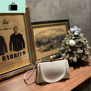 桔真自制复古皮质小方包百搭简约风女包珍珠夹子包单肩斜跨女包包NEW LAKE女斜挎包