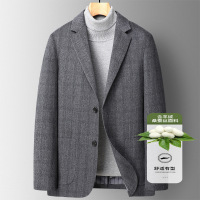 轻奢羊绒桑蚕丝西服男士秋冬新款羊毛呢格子单西装休闲男羊绒外套