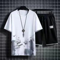 男士休闲套装韩版薄款飞鸟水印染大码冰丝短袖新款两件套