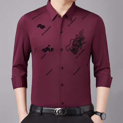 新款龙年衬衫男轻熟休闲时尚印花翻领衬衣男士