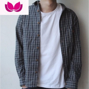 七斓日系复古潮牌文艺清新风小格子衬衫韩版水洗麻男士长袖衬衣潮