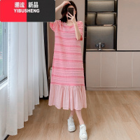 YIBUSHENG欧货高级感条纹短袖连衣裙女季减龄宽松遮肉显瘦拼接设计感长裙