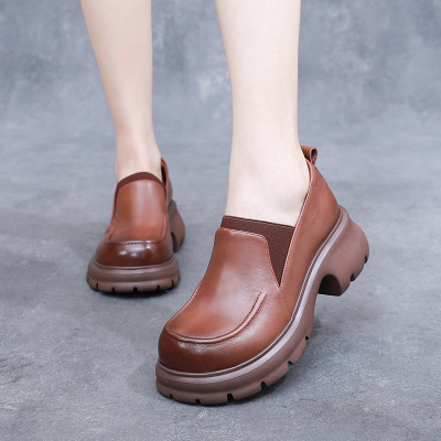 春秋新款真皮厚底复古英伦风小皮鞋女粗跟大码圆头懒人单鞋