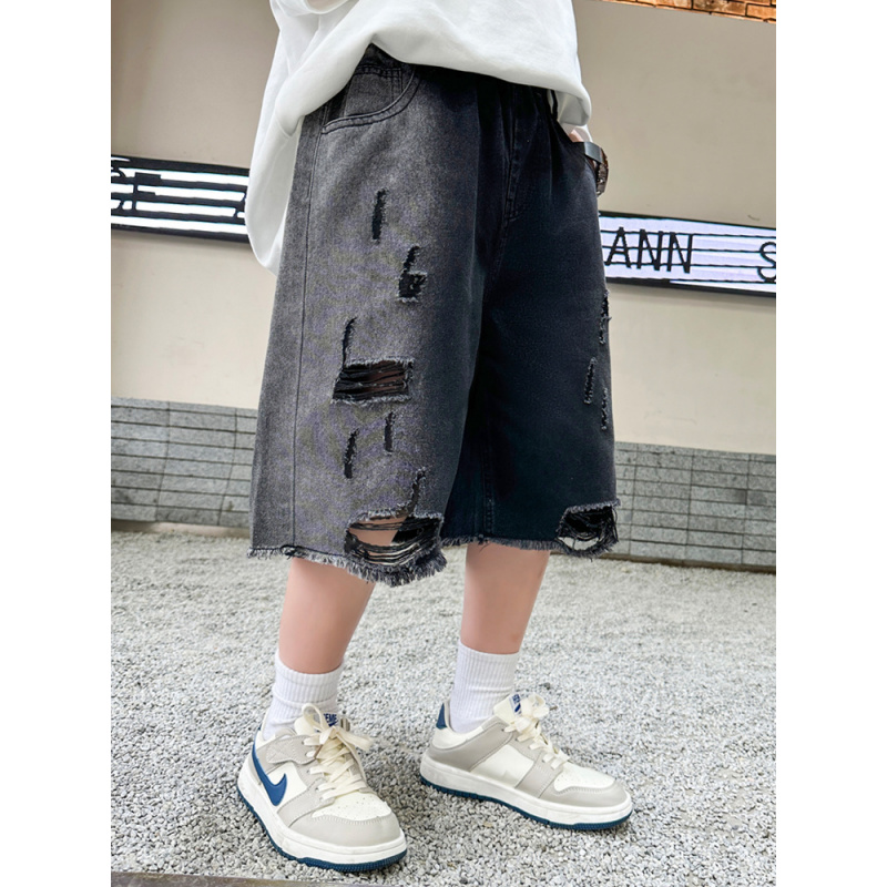 男童裤子夏季薄款2025新款潮儿童破洞牛仔短裤潮男孩中裤宽松痞帅