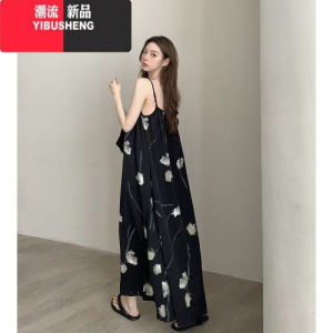 YIBUSHENG2024新微胖MM/孕妈妈~宽松慵懒水墨吊带长裙 遮肚显瘦连衣裙 女