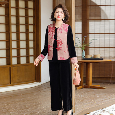 2026年女士简约妈妈两件套时尚马甲印花款中老年春装洋气中年古风