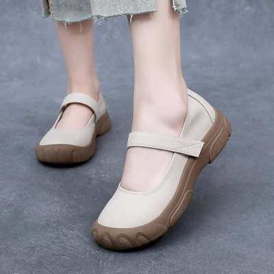 春秋真皮女单鞋软底真皮休闲女鞋魔术贴妈妈鞋复古厚底四季鞋