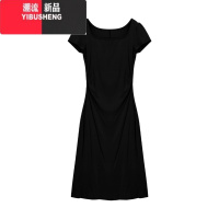 YIBUSHENG纯色方领短袖连衣裙女装2024季新款小个子收腰修身裙子