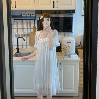 公主风可爱睡裙女夏夏季新款日系甜美薄款白色短袖睡衣女裙子名瑞德